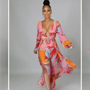 Luxxel Orange Pink Abstract Maxi Dress